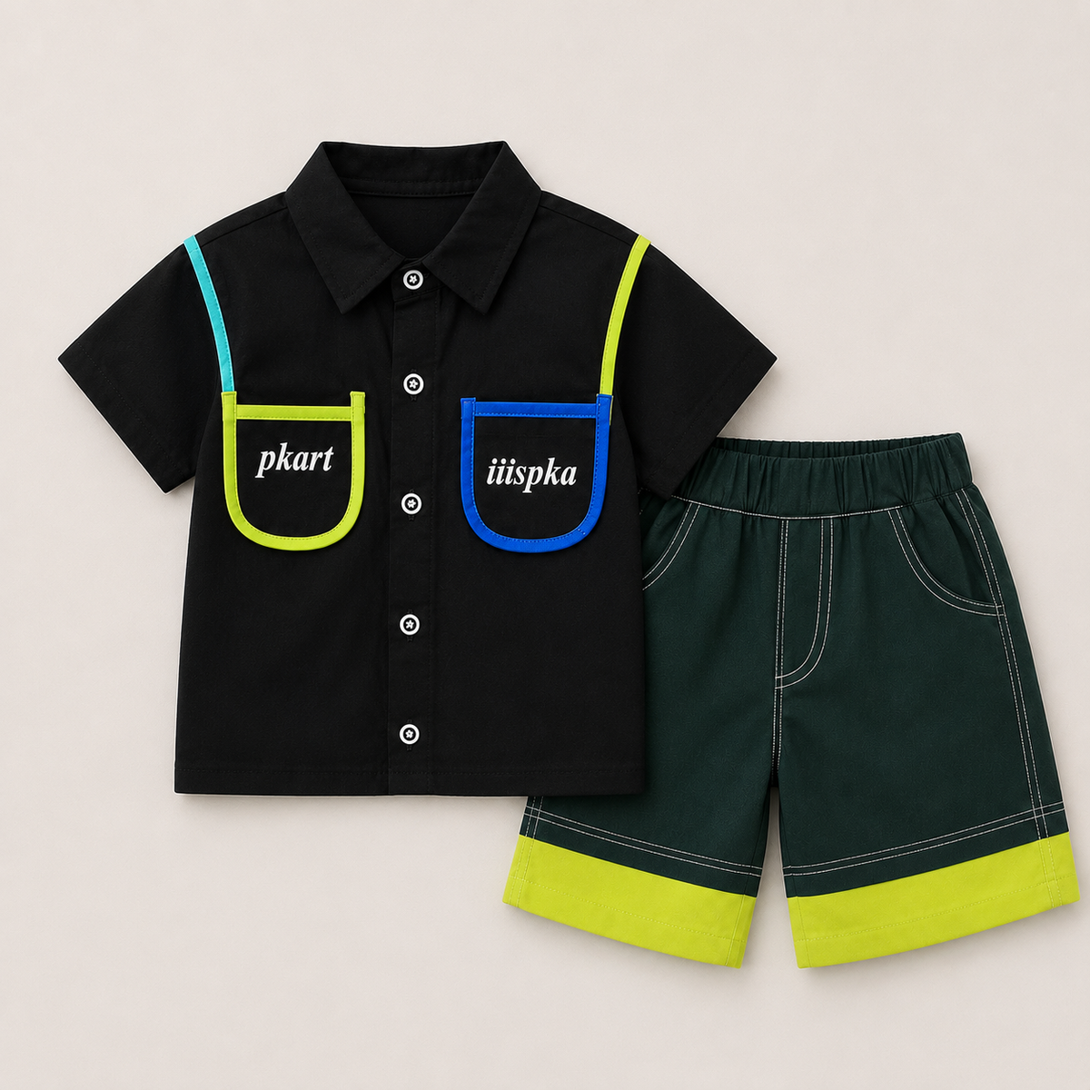 Boys Black Shirt And Green Shorts Set