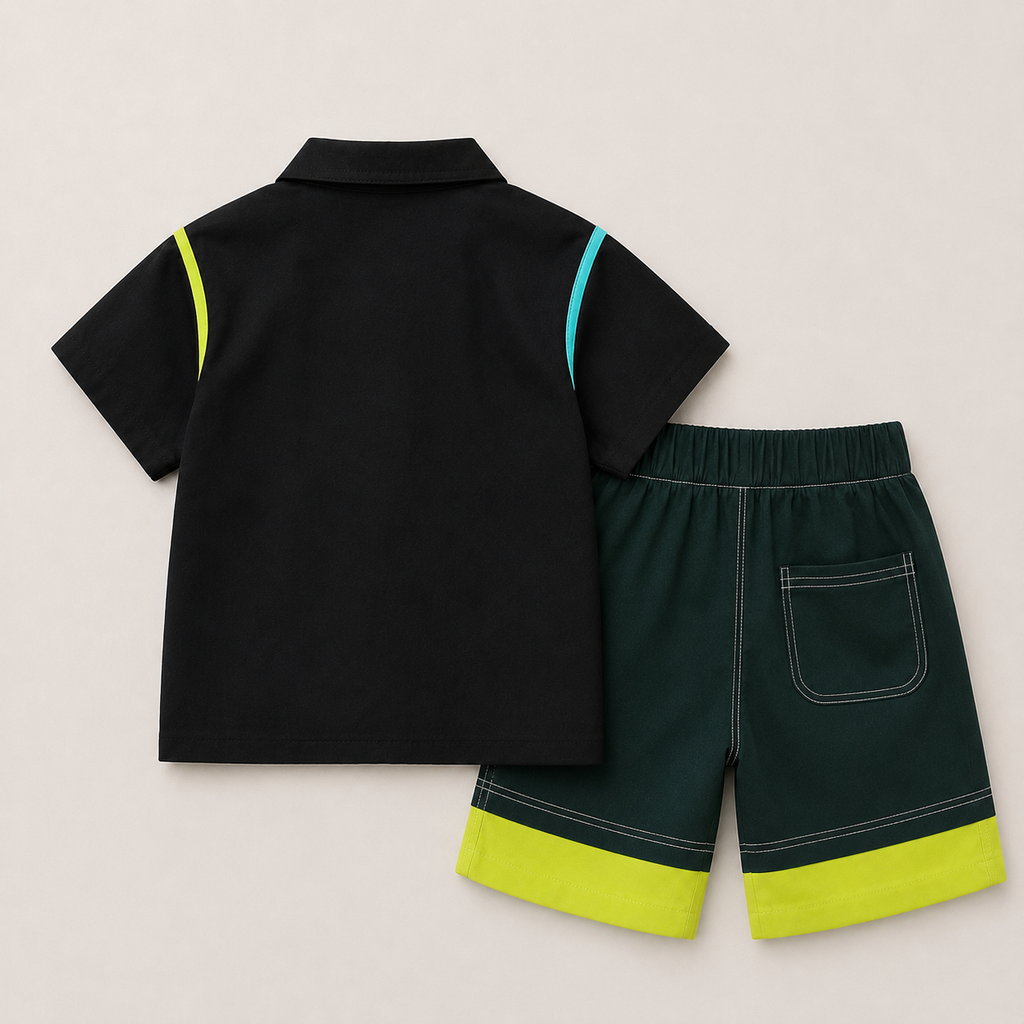 Boys Black Shirt And Green Shorts Set