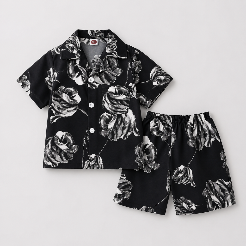 Boys Black Floral Printed Co-ord Set