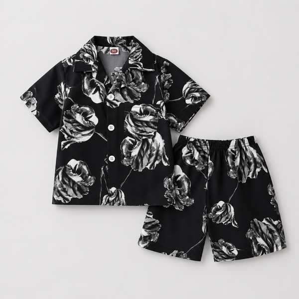 Boys Black Floral Printed Co-ord Set