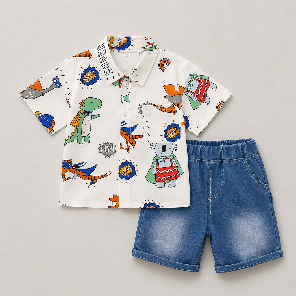 Boys White Printed Shirt & Denim Shorts