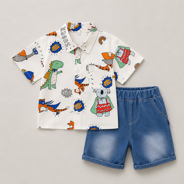 Boys White Printed Shirt & Denim Shorts