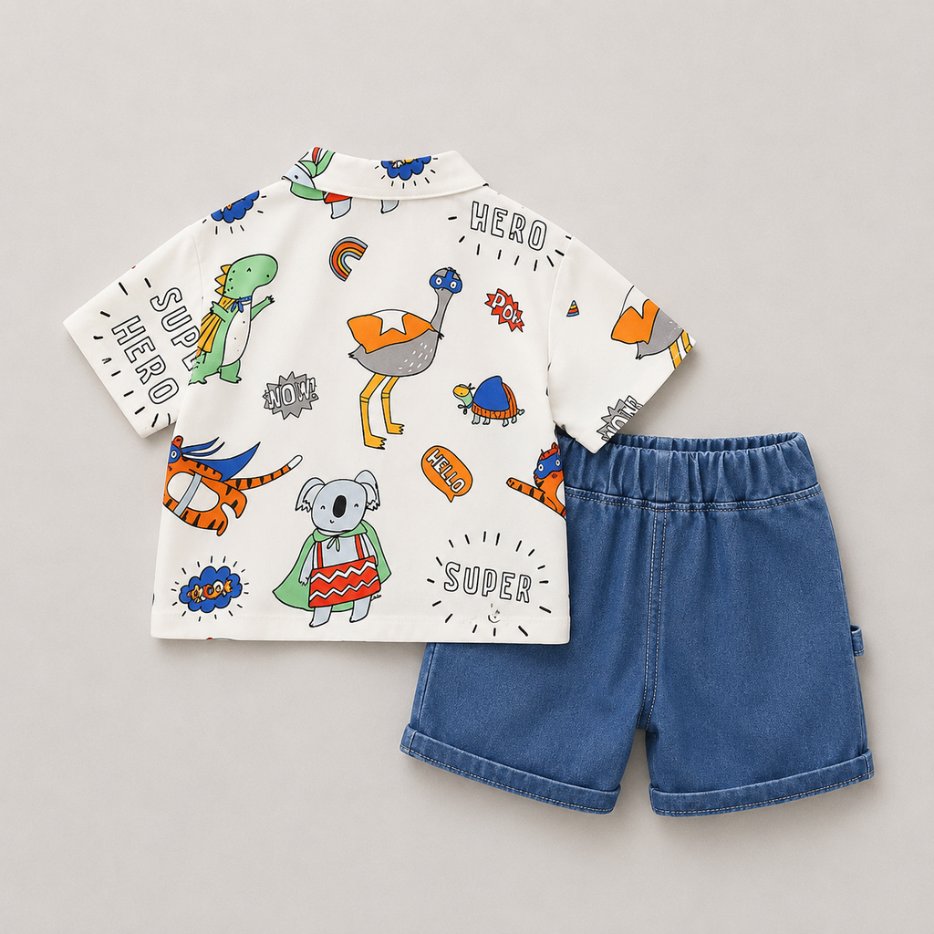 Boys White Printed Shirt & Denim Shorts