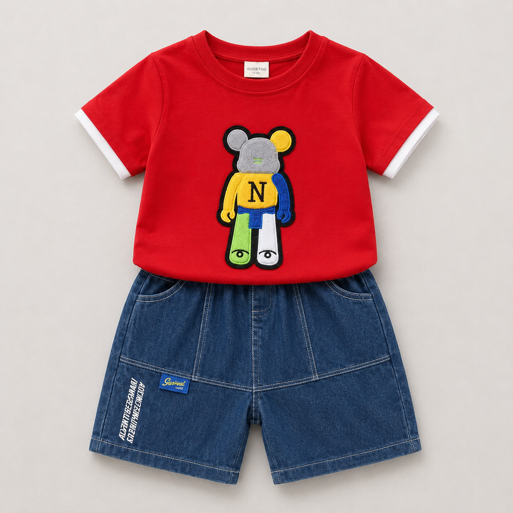 Boys Red T-shirt & Denim Shorts Set