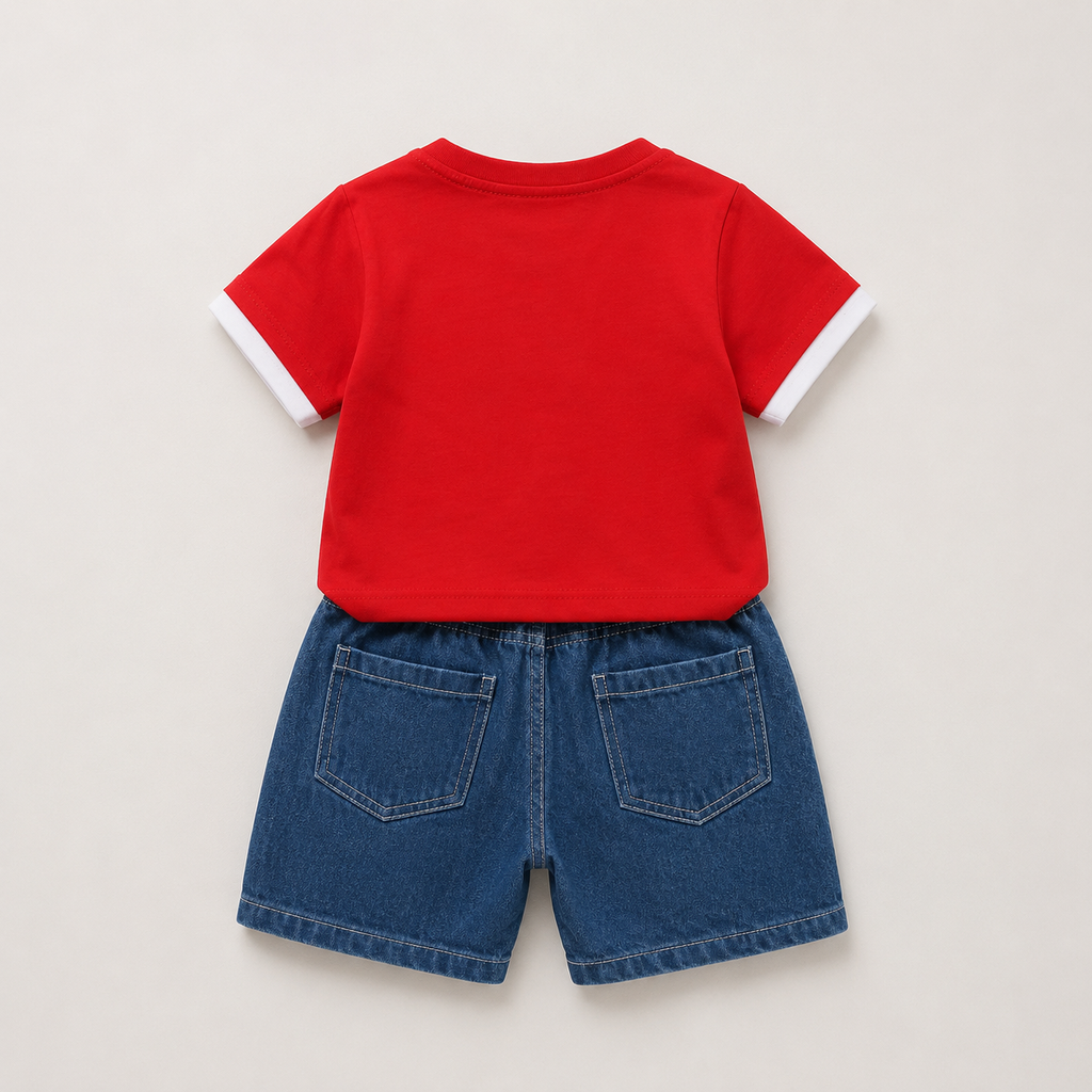 Boys Red T-shirt & Denim Shorts Set
