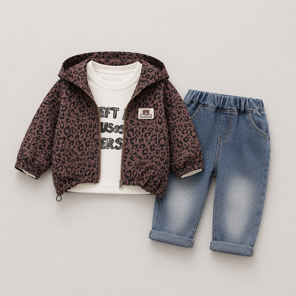 Boys Leopard-Print Hoodie With T-shirt And Denim Set