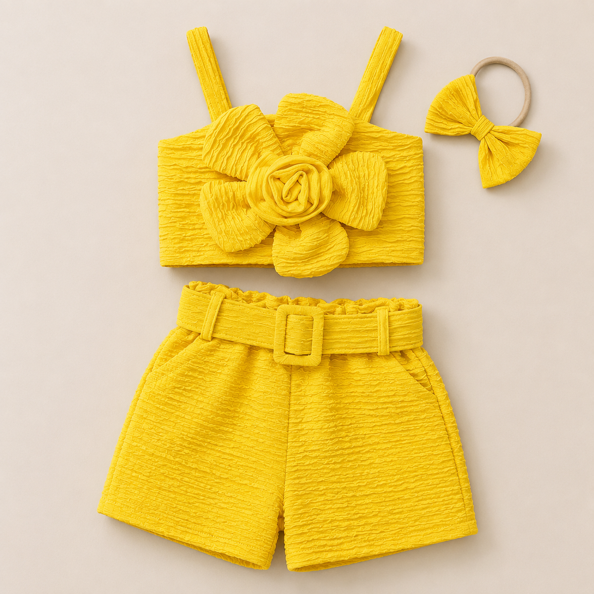 Girls Yellow Flower Detail With Matching Band 4 Pcs Set
