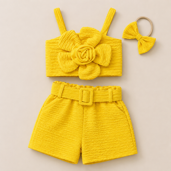 Girls Yellow Flower Detail With Matching Band 4 Pcs Set