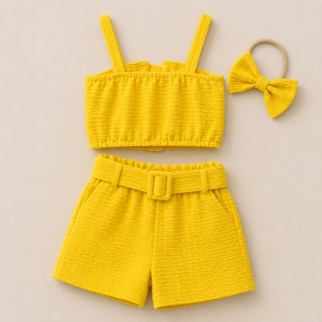 Girls Yellow Flower Detail With Matching Band 4 Pcs Set