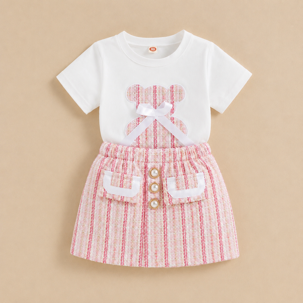 Girls White T-shirt & Pink Skirt Set