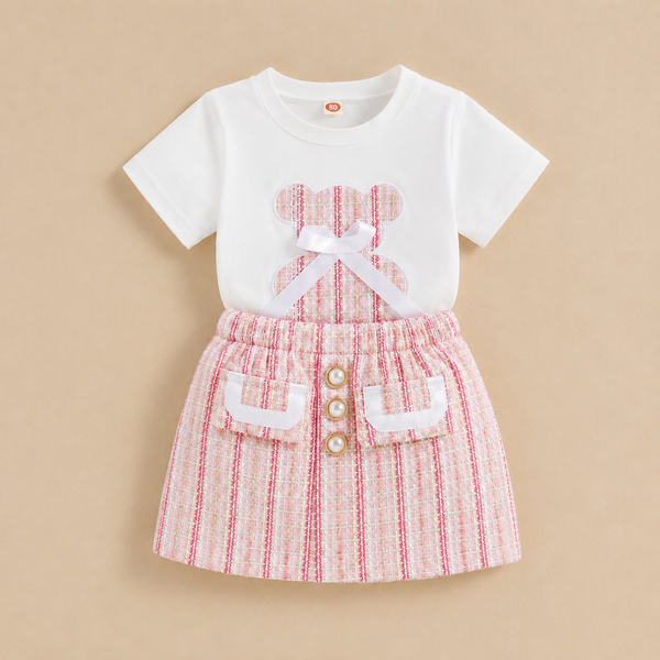 Girls White T-shirt & Pink Skirt Set