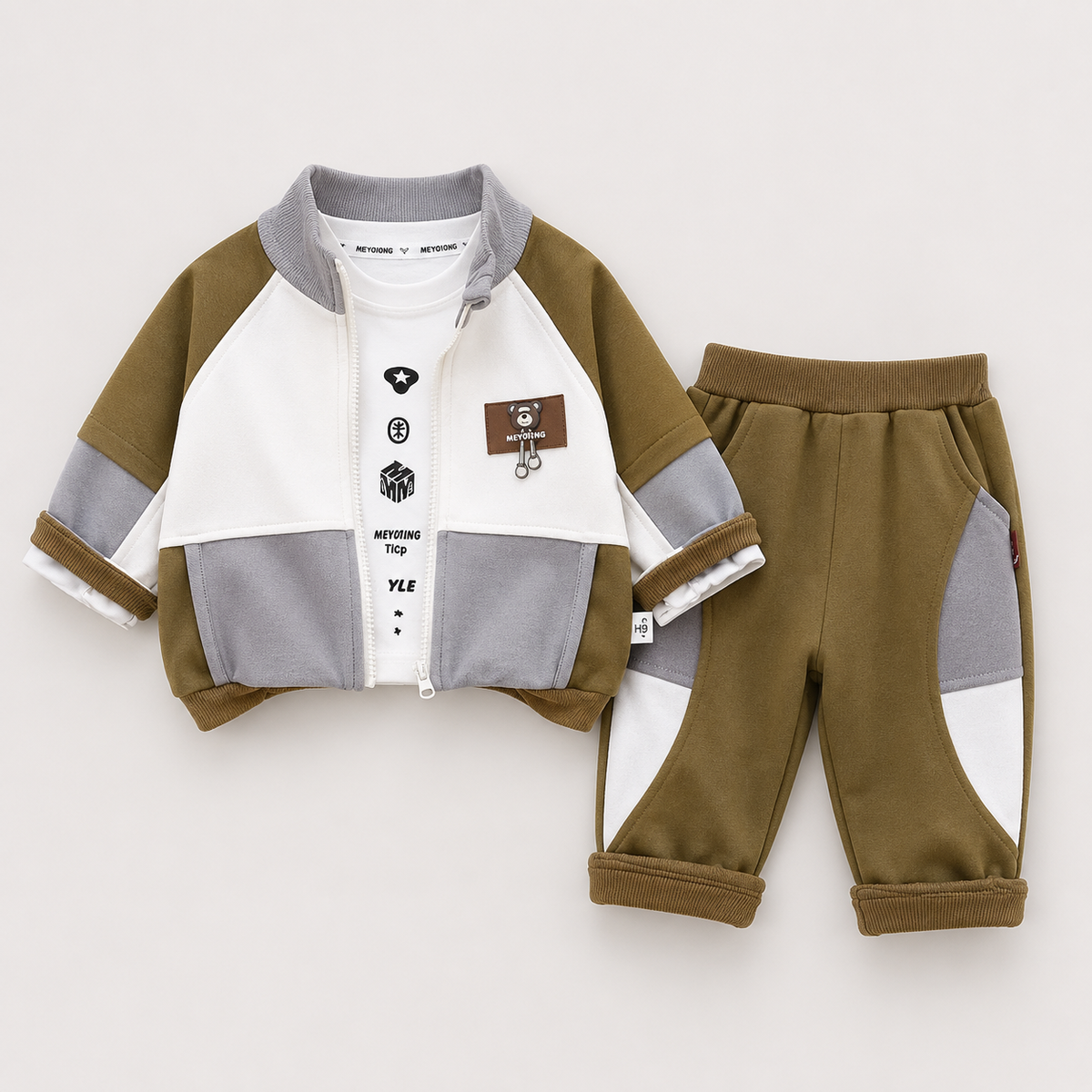 Boys Color Block Jacket With T-shirt And Jogger 3 Pcs Set