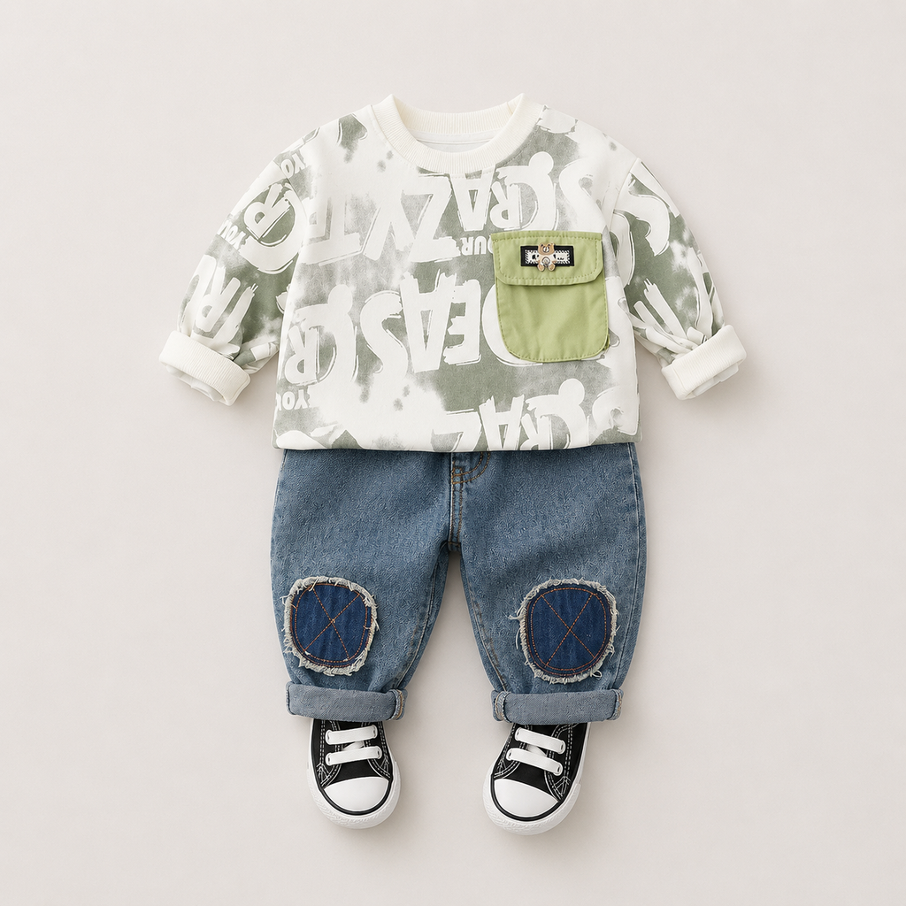 Boys Typography Sweatshirt And Denim Set