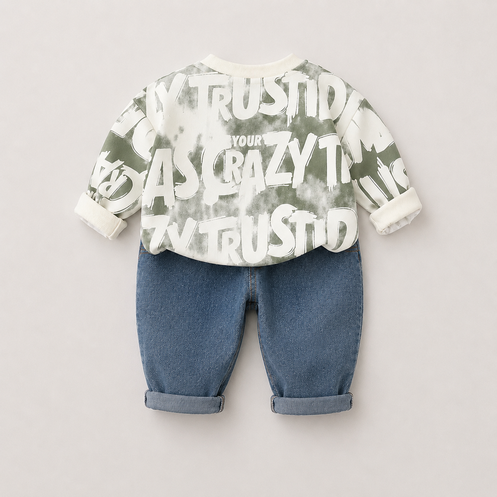 Boys Typography Sweatshirt And Denim Set