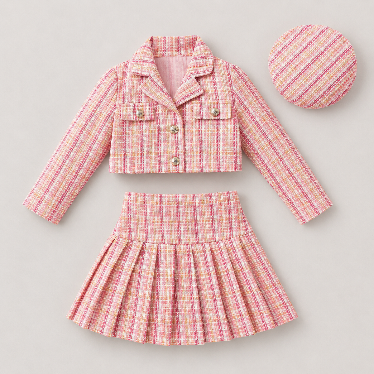 Girls Tweed Jacket And Pleated Skirt Set With Matching cap