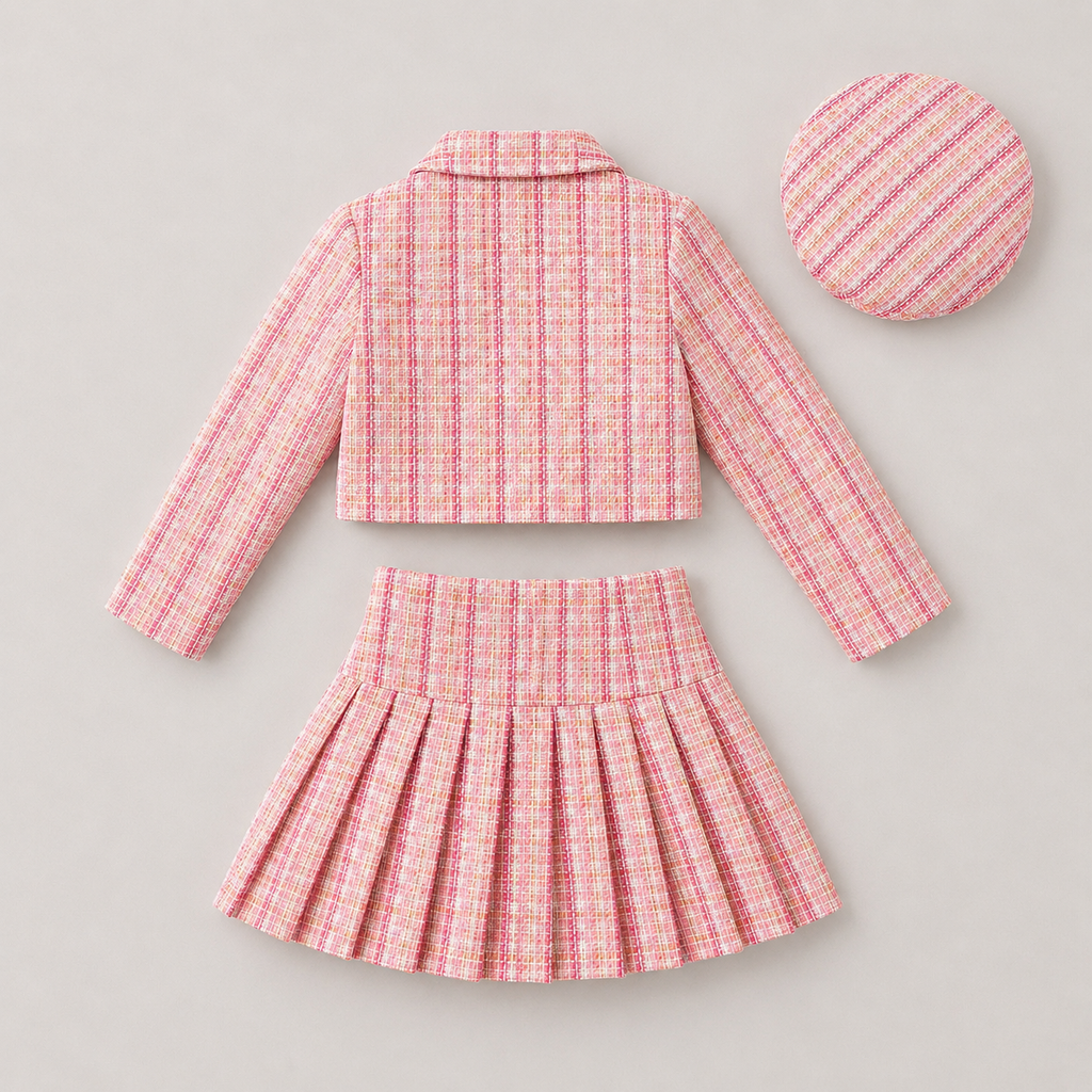Girls Tweed Jacket And Pleated Skirt Set With Matching cap