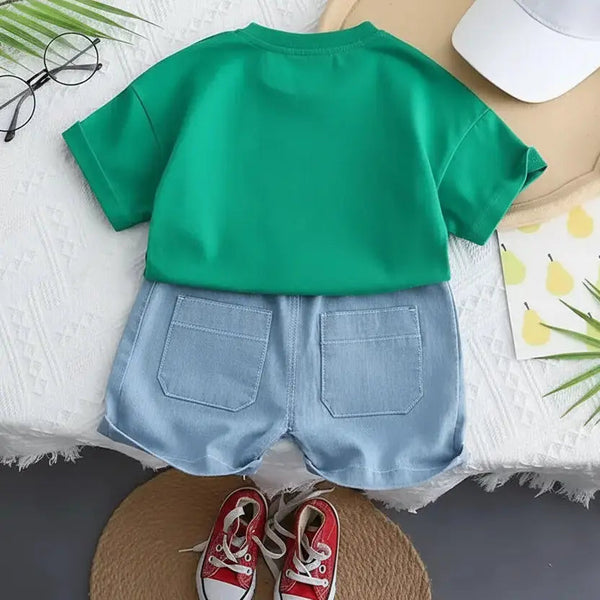 Boys Green T-Shirt And Shorts Set With Sling Bag