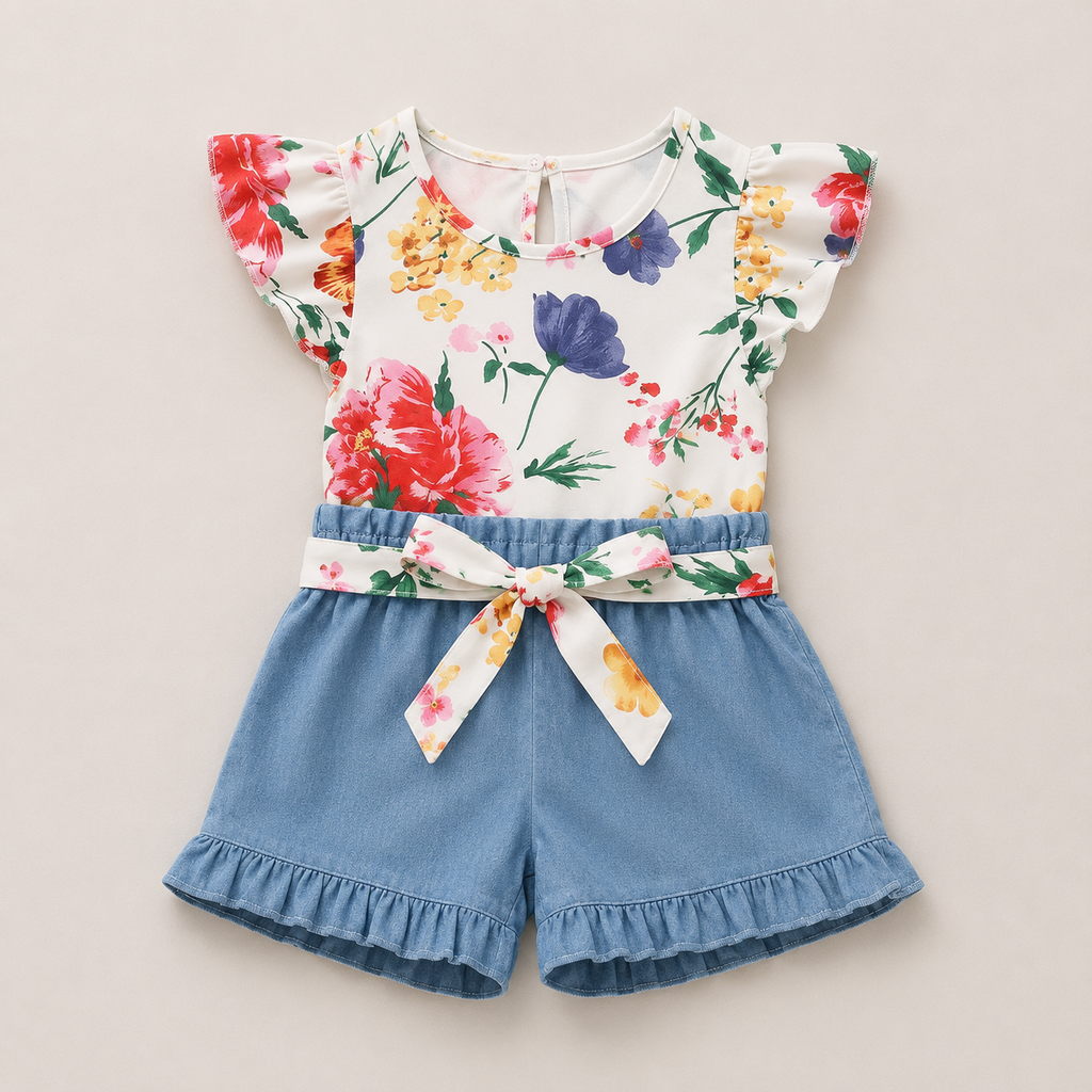 Girls Floral Top With Shorts And Belt Set