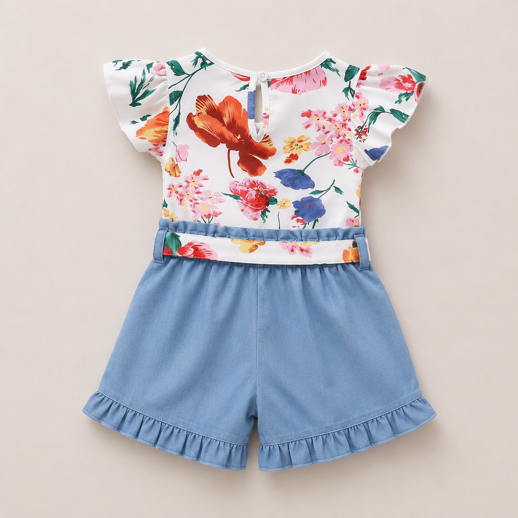 Girls Floral Top With Shorts And Belt Set