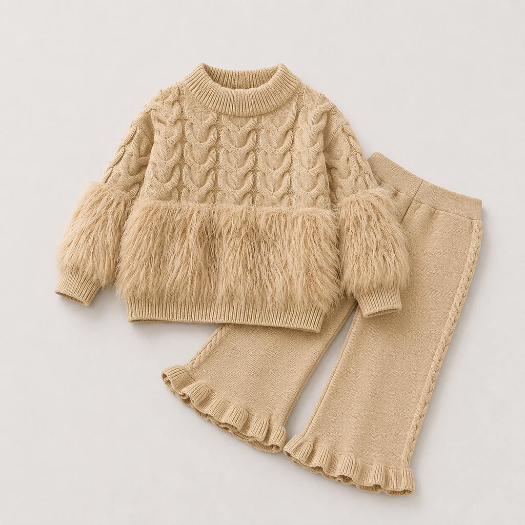 Girls Designer Brown Knitted Top And Pants 2 Pcs Set