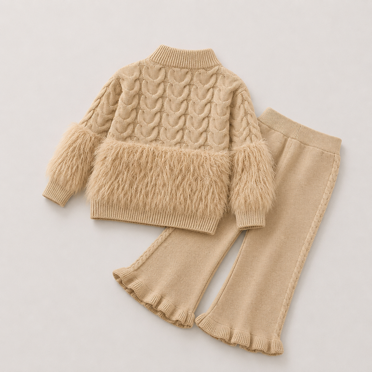 Girls Designer Brown Knitted Top And Pants 2 Pcs Set