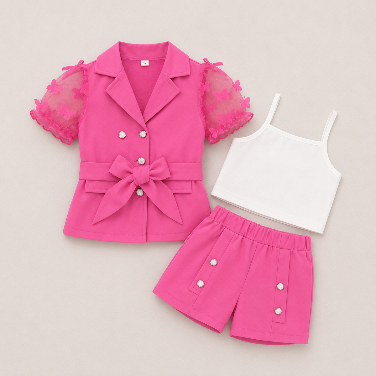 Girls Pink 3-Piece Set with Bow Blazer, White Crop Top & Shorts