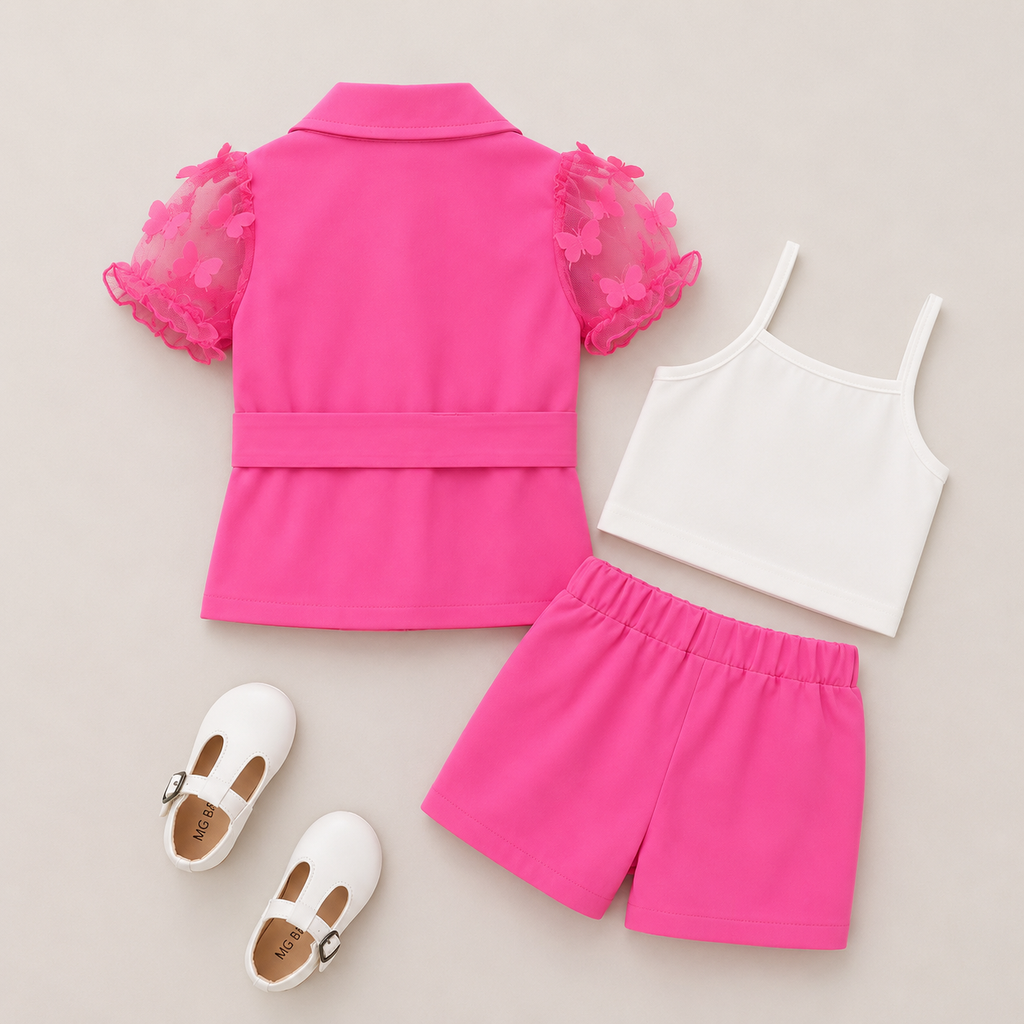 Girls Pink 3-Piece Set with Bow Blazer, White Crop Top & Shorts