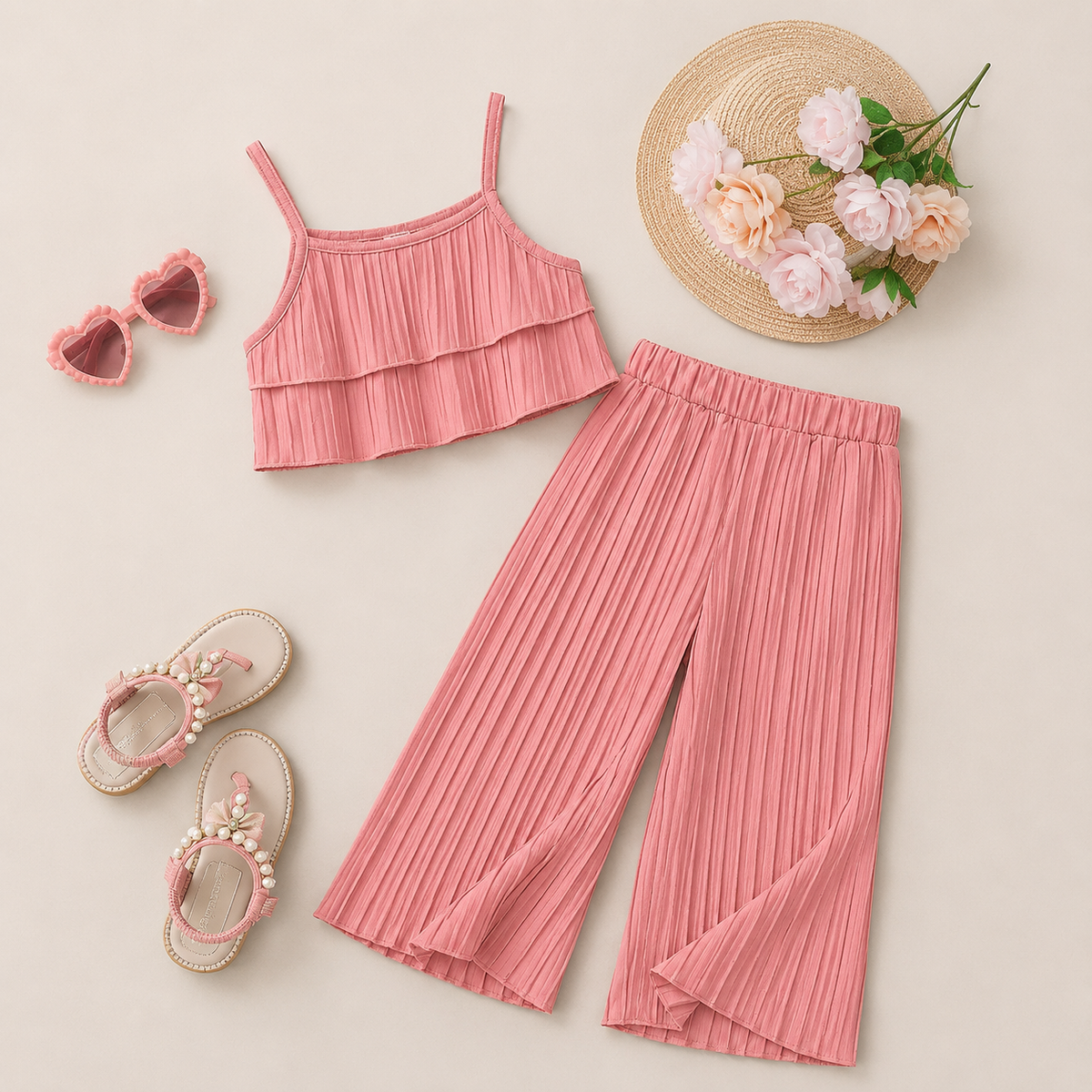 Girls Pink Pleated Crop Top And Plazzo 2 Pcs Set