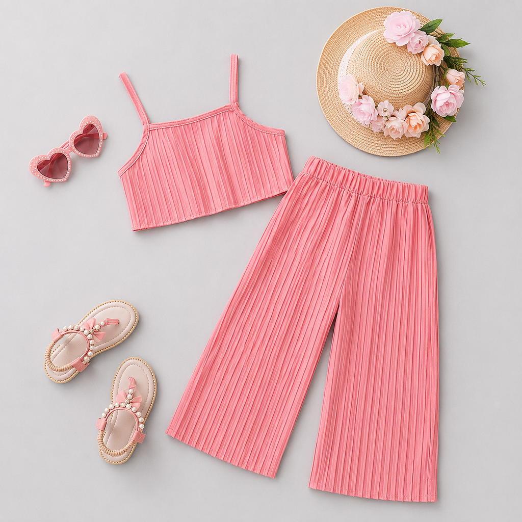 Girls Pink Pleated Crop Top And Plazzo 2 Pcs Set