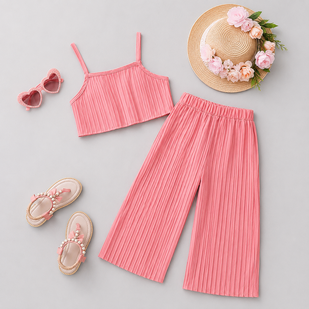 Girls Pink Pleated Crop Top And Plazzo 2 Pcs Set