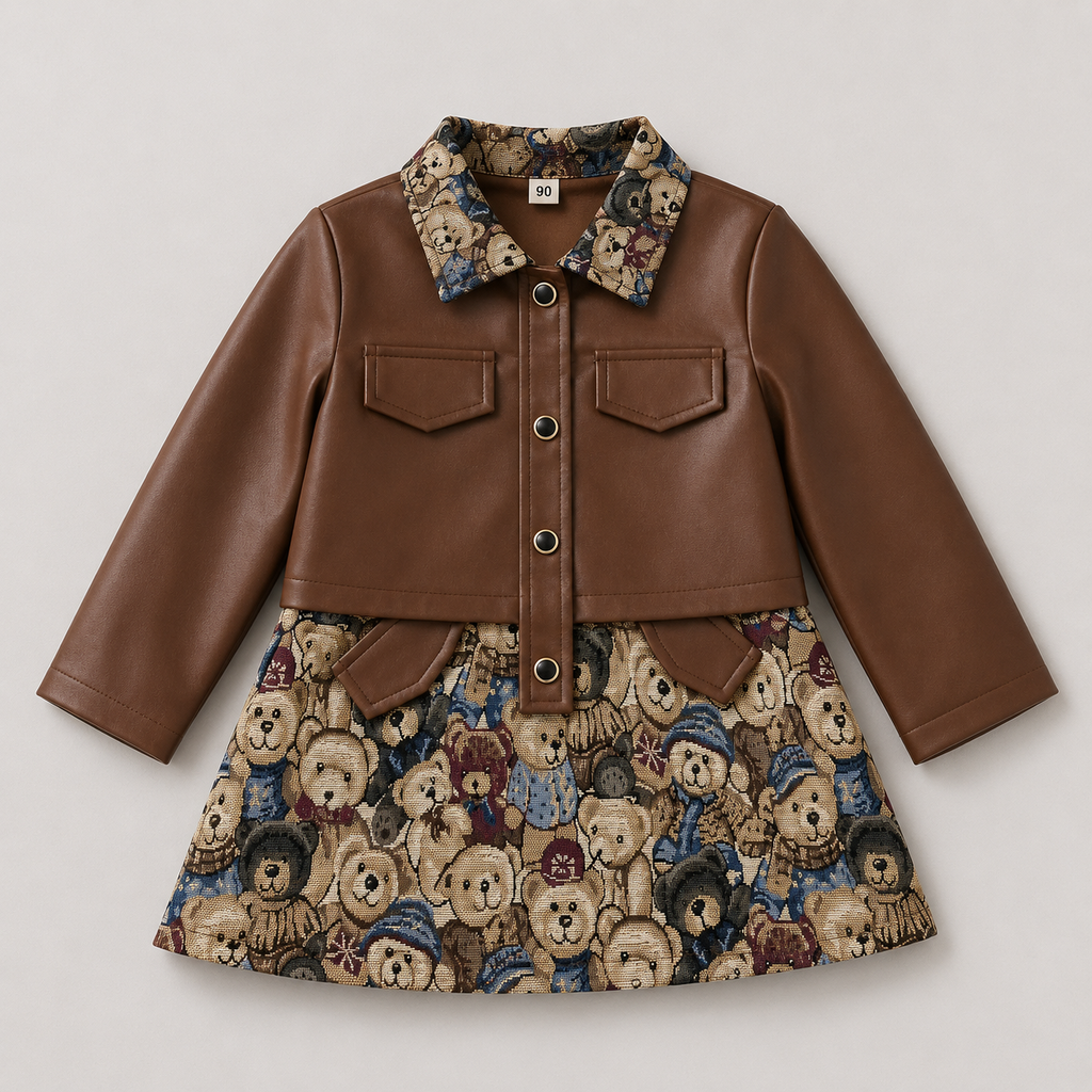 Girls Brown Short Jacket With Dress 2 Pcs Set