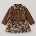 Girls Brown Short Jacket With Dress 2 Pcs Set
