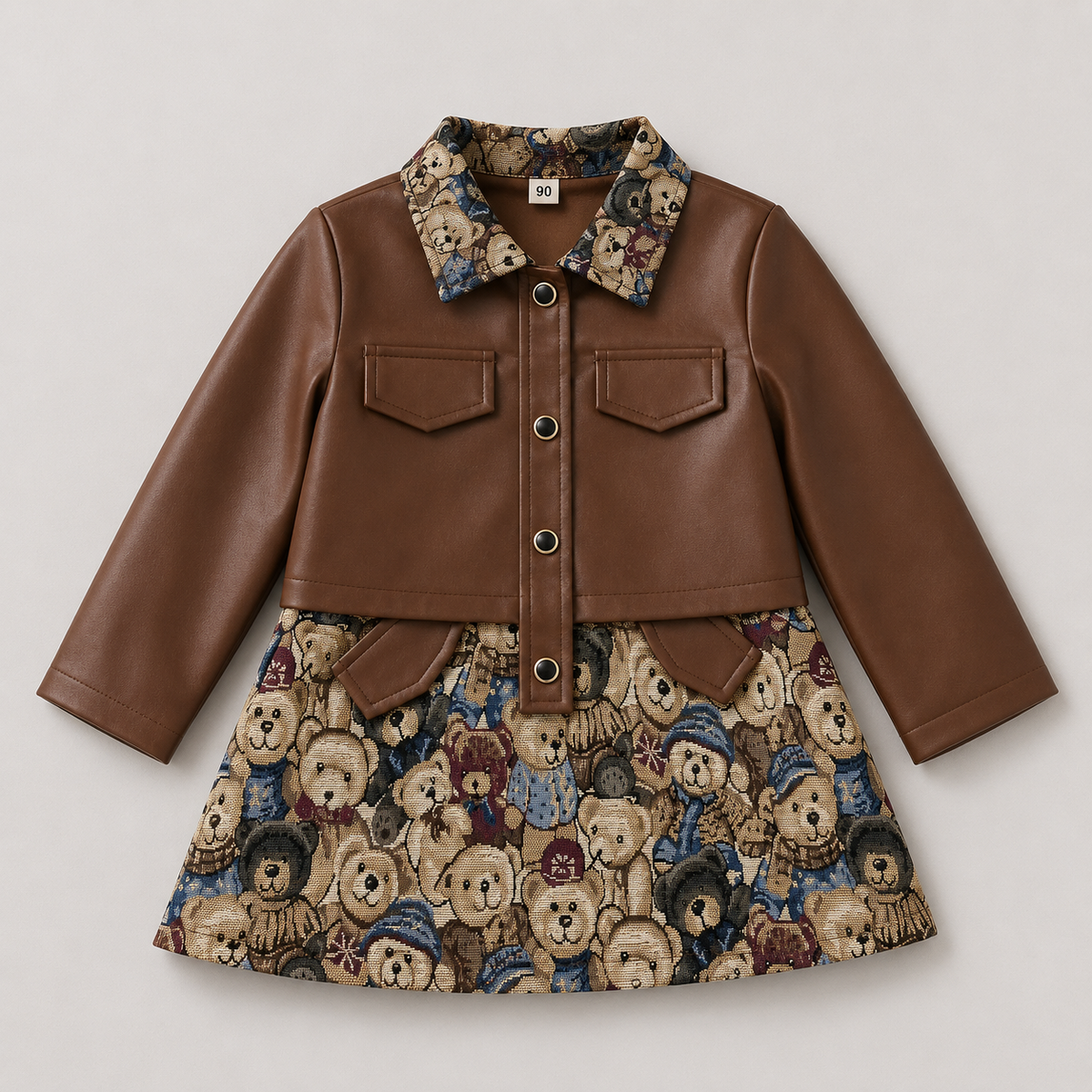 Girls Brown Short Jacket With Dress 2 Pcs Set