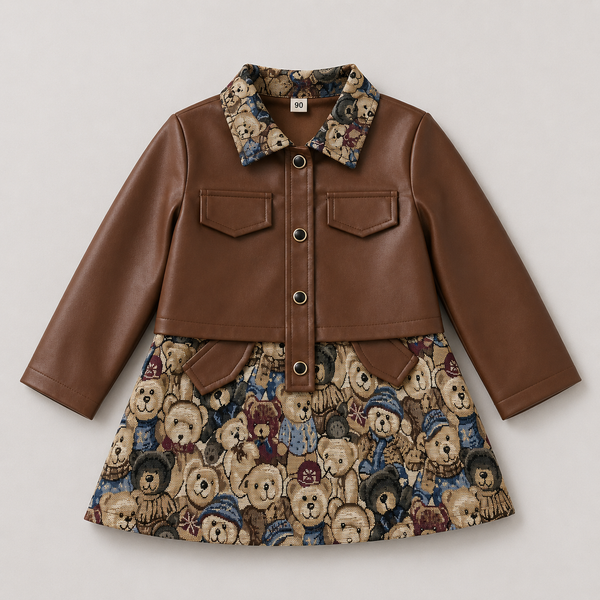Girls Brown Short Jacket With Dress 2 Pcs Set