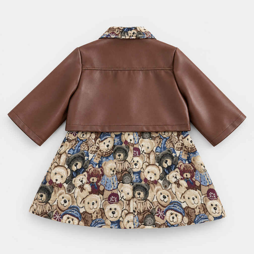 Girls Brown Short Jacket With Dress 2 Pcs Set