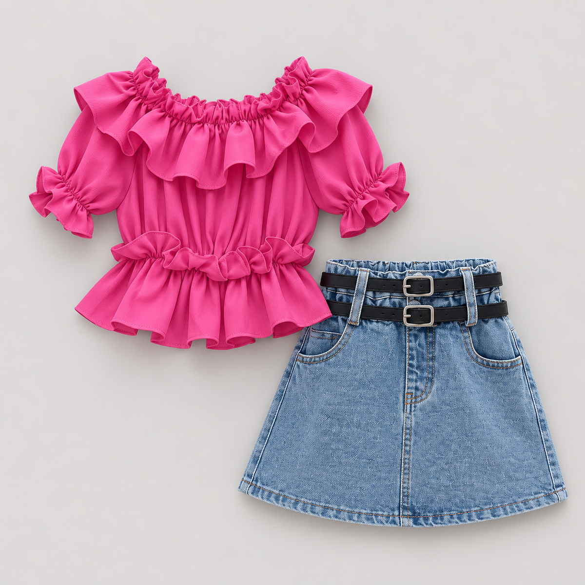 Girls Pink Ruffled Top And Denim Skirt With 2 Belts