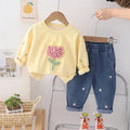 Girls Flower Motif Yellow Sweatshirt And Jeans 2 Pcs Set