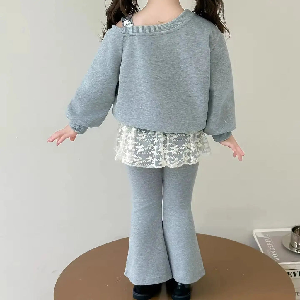 Girls Grey Bow Top With Lace Hem Matching Pants
