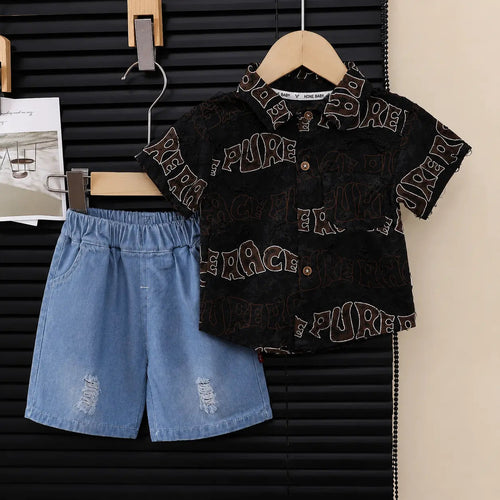 Boys Graphic Black Shirt & Ripped Shorts