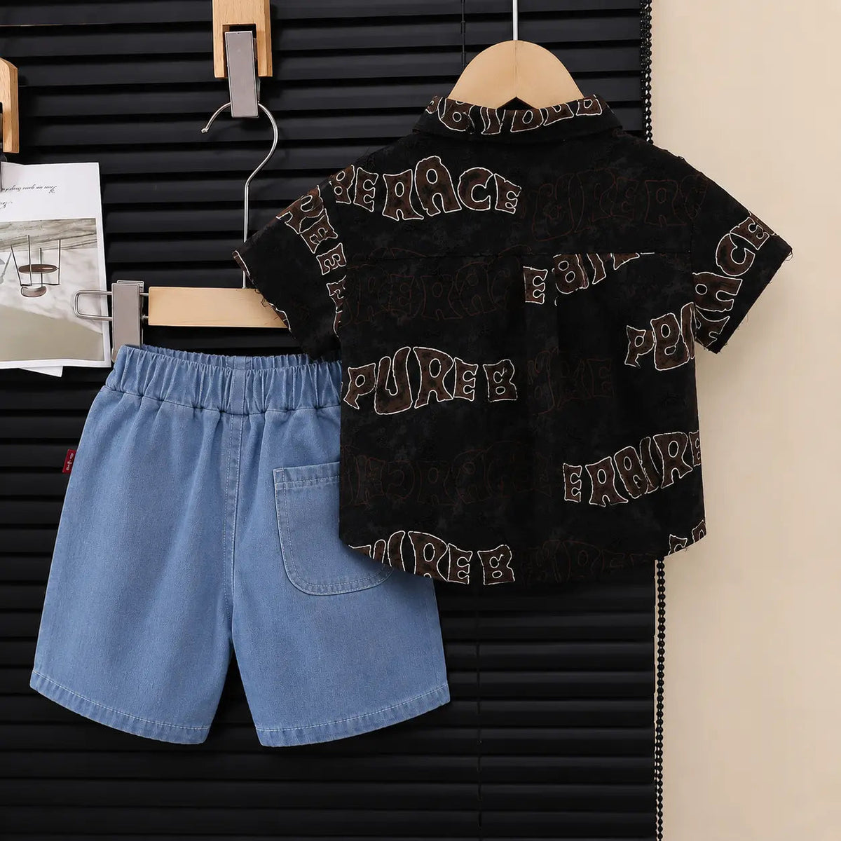 Boys Graphic Black Shirt & Ripped Shorts