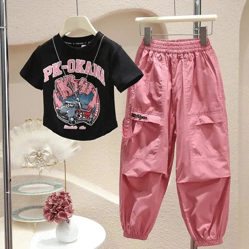 Girls Black T-Shirt And Pink Cargo Pants 2 Pcs Set