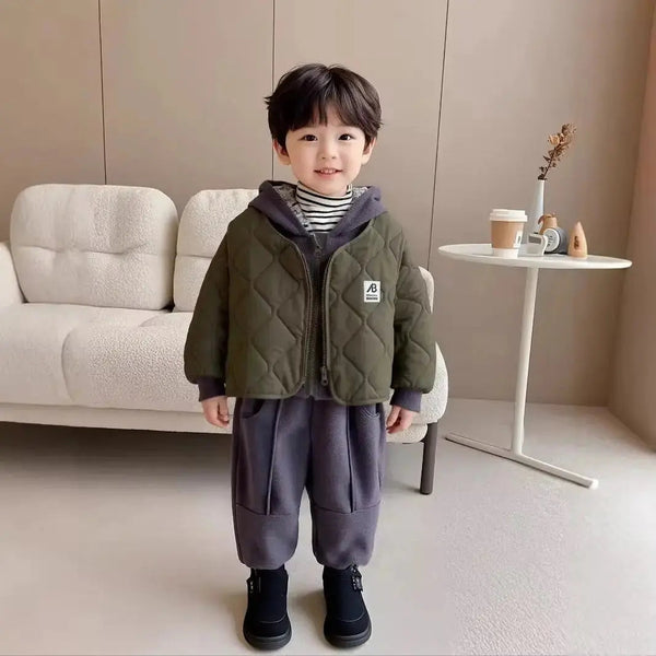 Boys Quilted Green Jacket With Grey Hoodie & Jogger Set