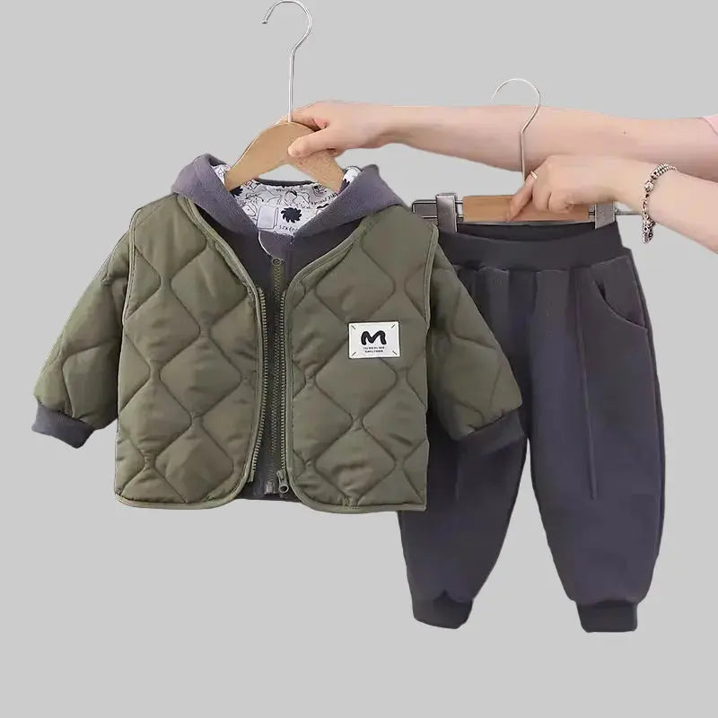 Boys Quilted Green Jacket With Grey Hoodie & Jogger Set
