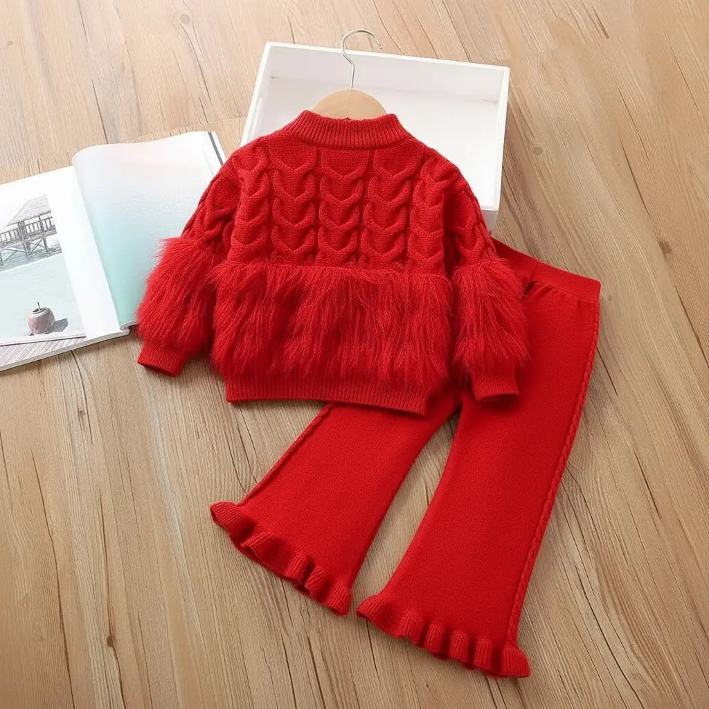 Girls Designer Red Knitted Top And Pants 2 Pcs Set