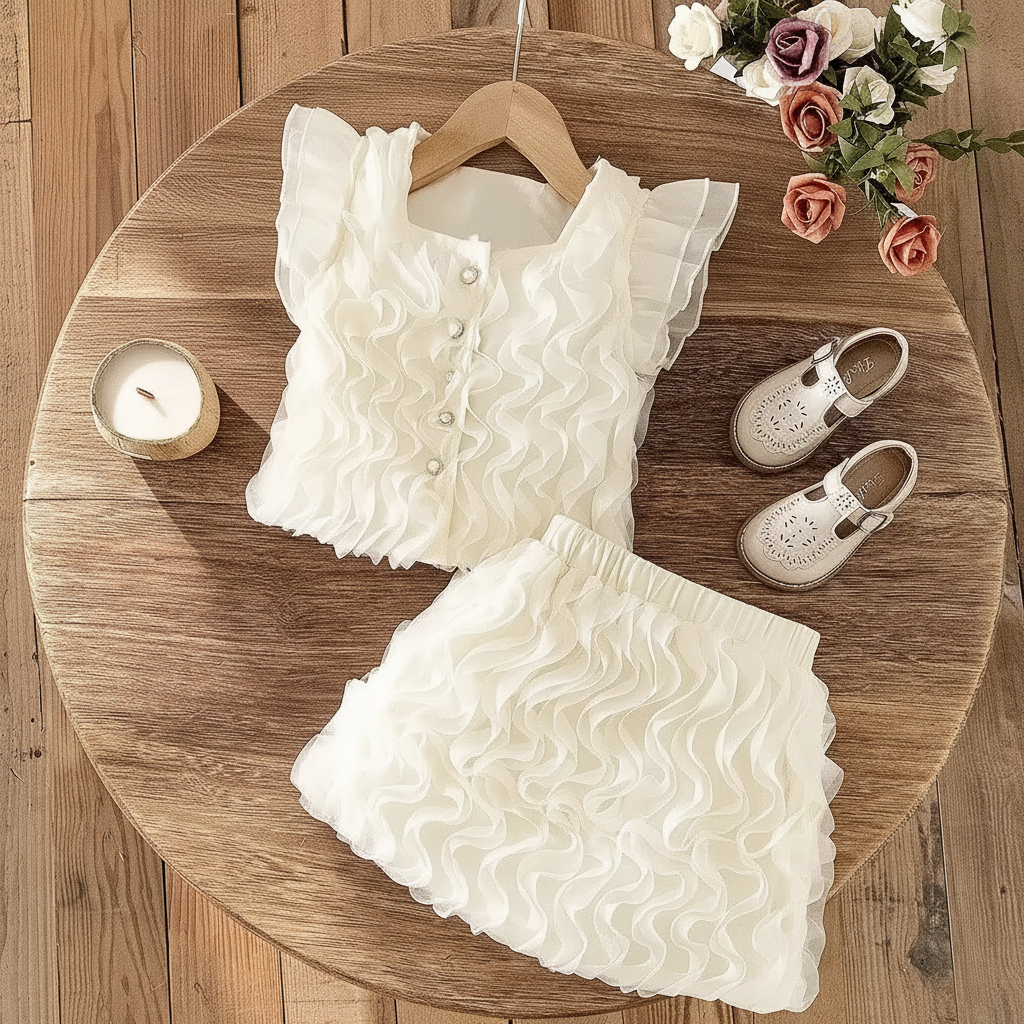 Girls Elegant Ruffle Top And Skirt 2 Pcs Set