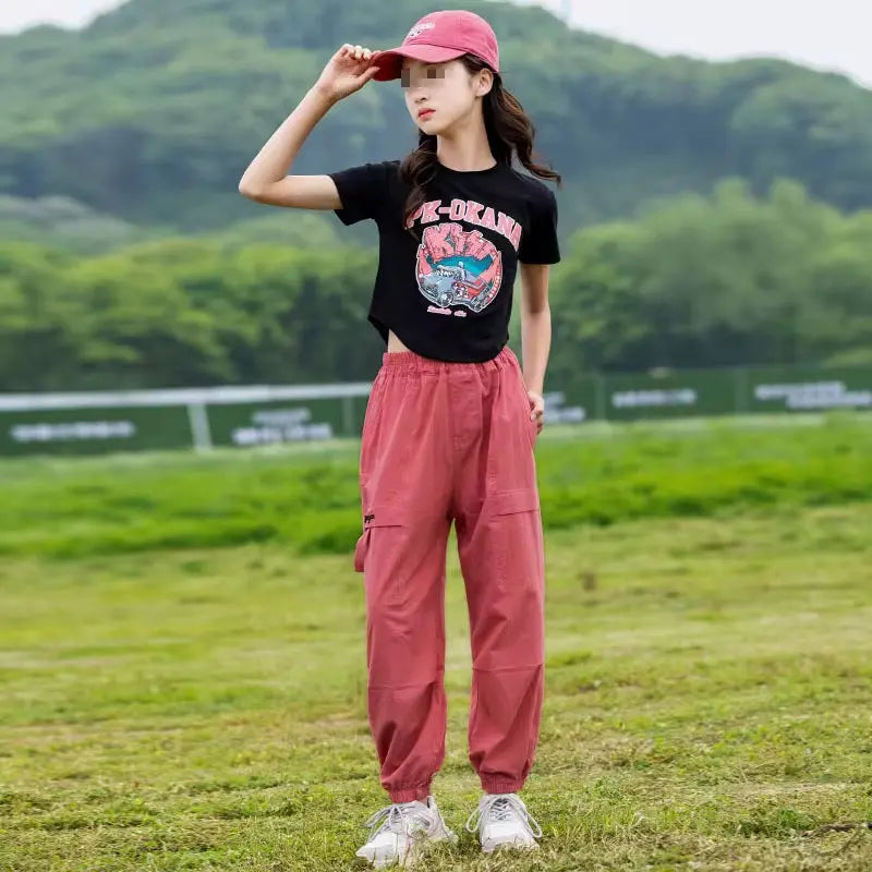 Girls Black T-Shirt And Pink Cargo Pants 2 Pcs Set