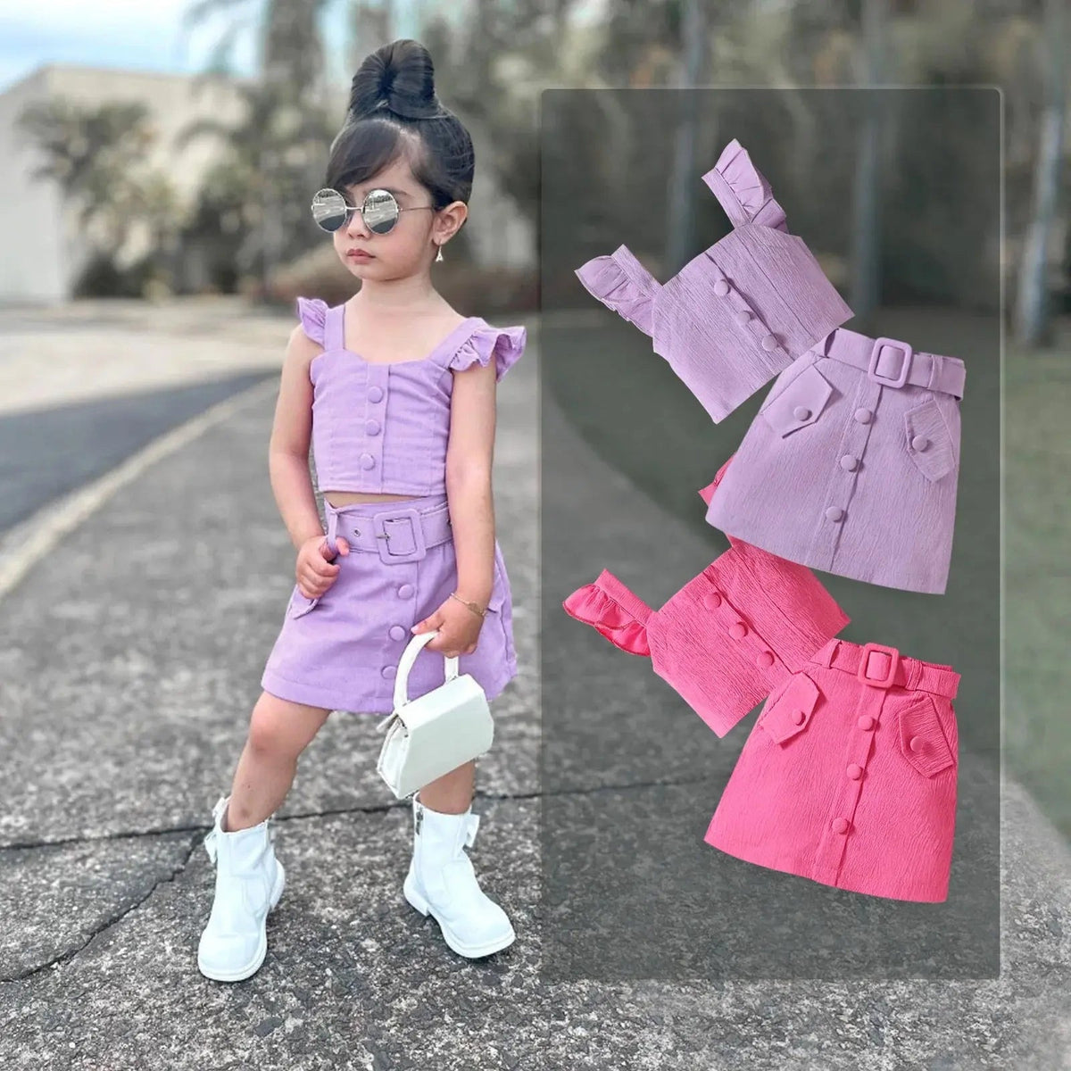 Girls Purple Crop Top And Skirt 2 Pcs Set