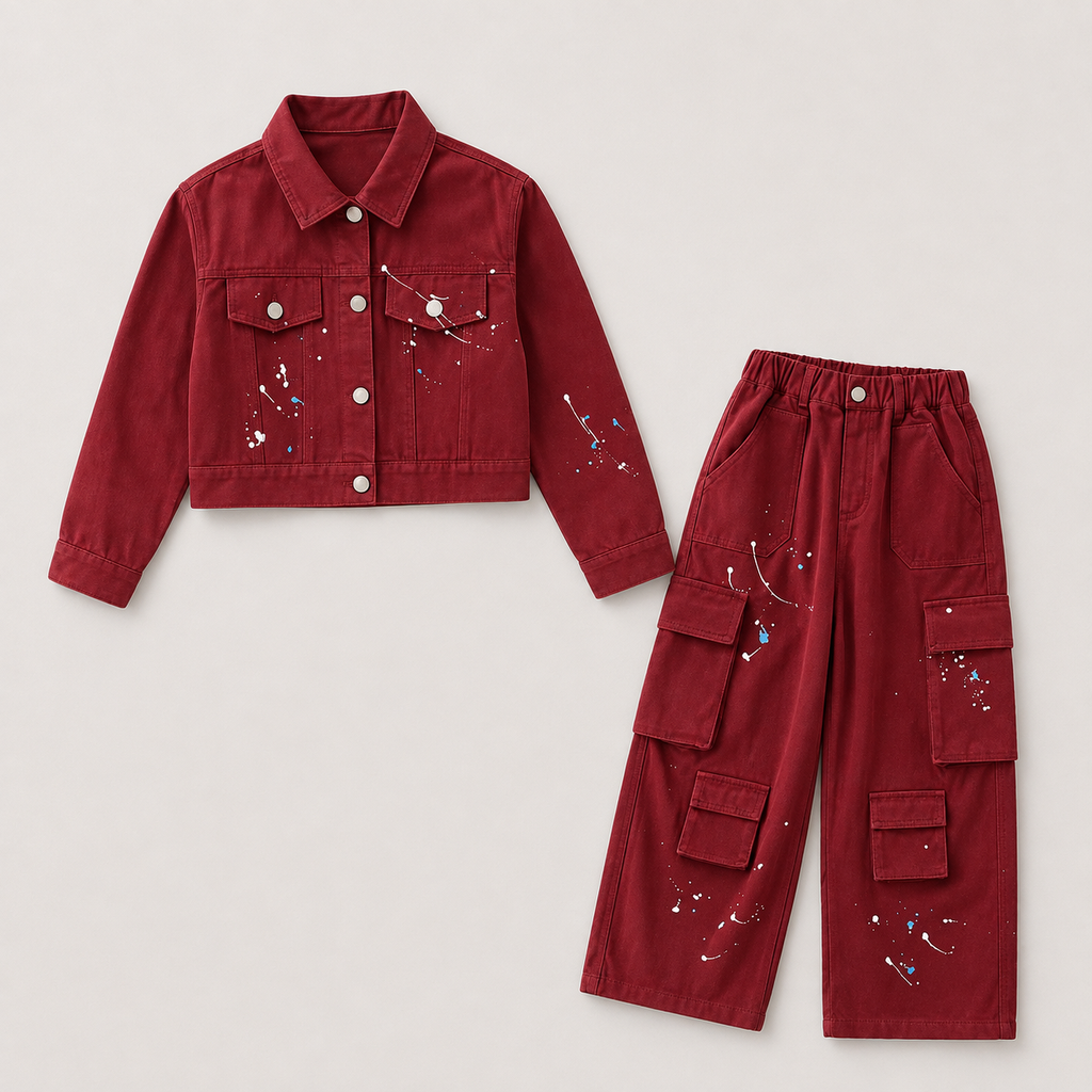 Girls Denim Maroon Co-ord Set