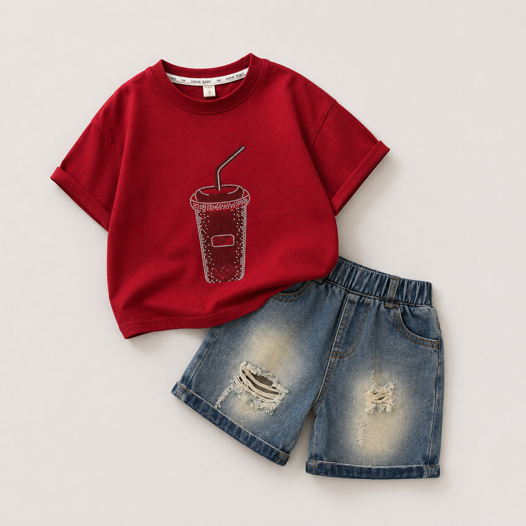 Boys Red Graphic T-Shirt & Denim Shorts Set