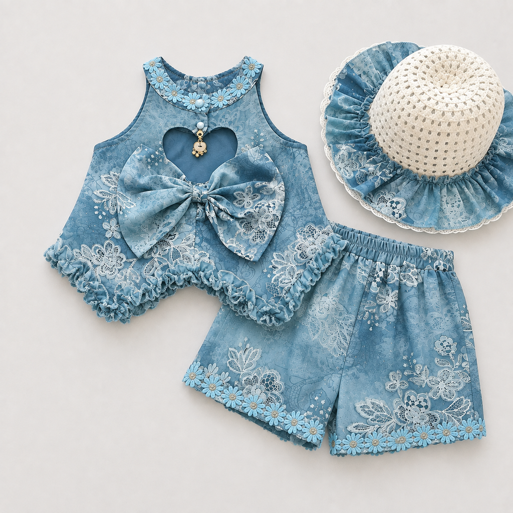 Girls Blue Floral Print Sleeveless Top & Shorts Co-ord Set With Hat